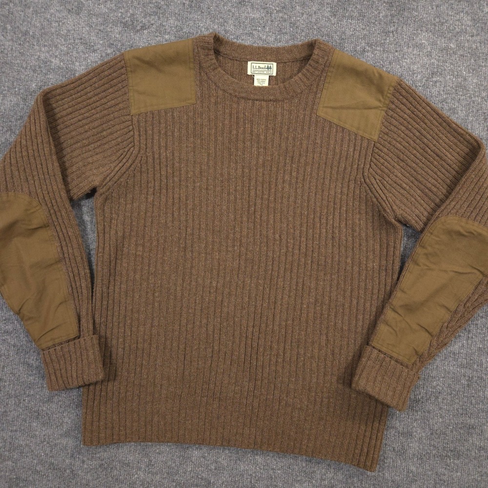 LL Bean Commando Sweater Mens Large Brown Merino Lambswool Ribbed Elbow Patches